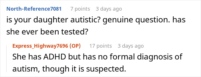 Screenshot of a forum discussion about a daughter suspected of autism and having ADHD but no formal autism diagnosis. Screenshot of a forum discussion about a daughter suspected of autism and having ADHD but no formal autism diagnosis.