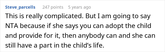 Screenshot of an online comment discussing a woman unable to afford her miracle baby and asking her half-brother to adopt.