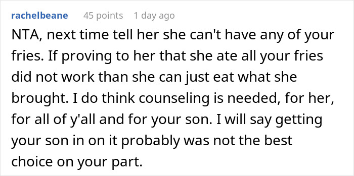 Comment discussing family drama after man films his wife secretly to prove she eats all his fries.
