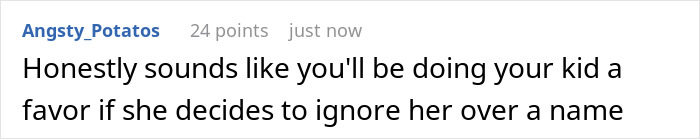 Screenshot of a Reddit comment discussing an entitled lady refusing to have a relationship with her grandkid over naming issues.