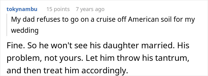 Comment about bride&rsquo;s father refusing to attend wedding off American soil due to personal beliefs and family conflict.