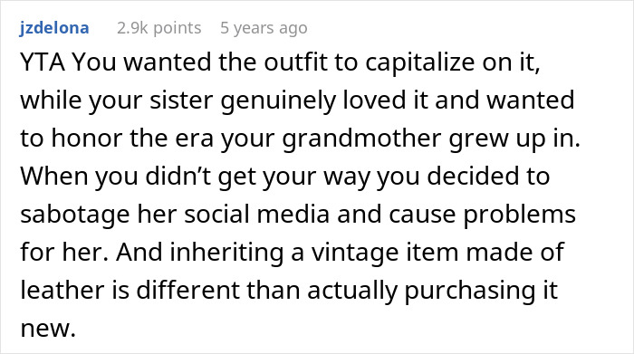 Comment discussing conflict over grandmother’s vintage leather shoes, vegan sister wearing them, and plans to sell the shoes. Comment discussing conflict over grandmother’s vintage leather shoes, vegan sister wearing them, and plans to sell the shoes.