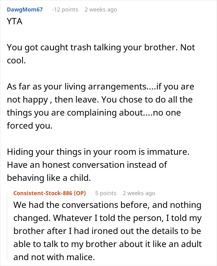 Reddit conversation showing sis venting about useless bro, who loses it, and her teaching him a lesson by doing exactly what he said. Reddit conversation showing sis venting about useless bro, who loses it, and her teaching him a lesson by doing exactly what he said.