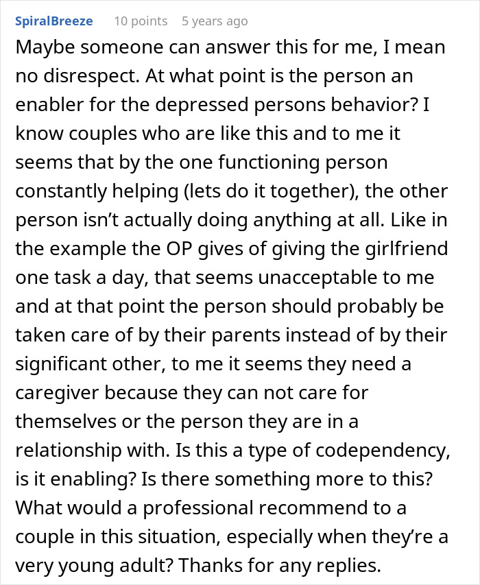 Text of a comment discussing relationships affected by depression, focusing on codependency and enabling behaviors. Text of a comment discussing relationships affected by depression, focusing on codependency and enabling behaviors.