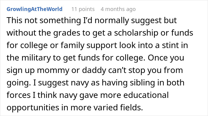Comment discussing military options for college funding when parents care for a disabled son and face sibling challenges. Comment discussing military options for college funding when parents care for a disabled son and face sibling challenges.