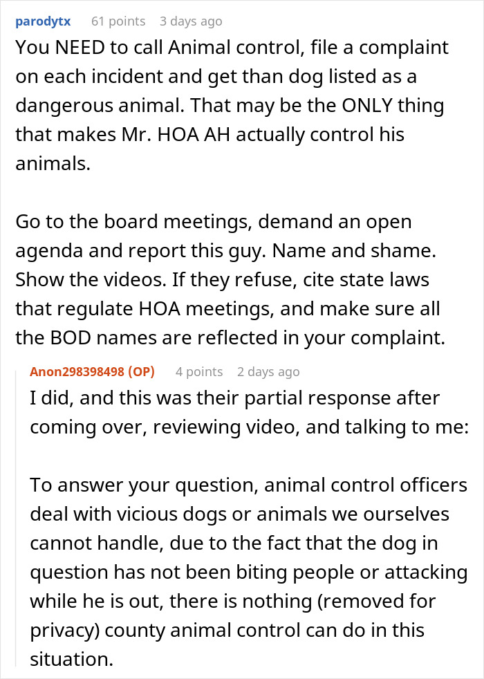 Screenshot of an online discussion about HOA board member refusing to follow pet ownership rules and involving police. Screenshot of an online discussion about HOA board member refusing to follow pet ownership rules and involving police.
