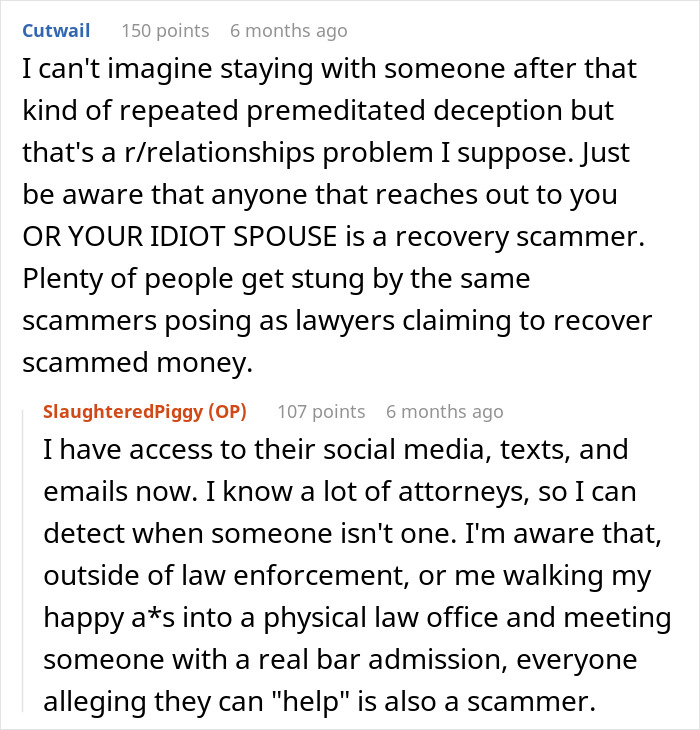 Reddit user warns about scam investment deception causing zero savings and immense debt, surprising spouse and damaging trust.