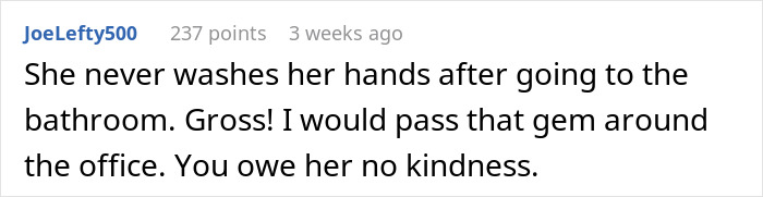 Comment about coworker sensitive smells related to stopping washing hands after bathroom use, shared in office discussion thread.