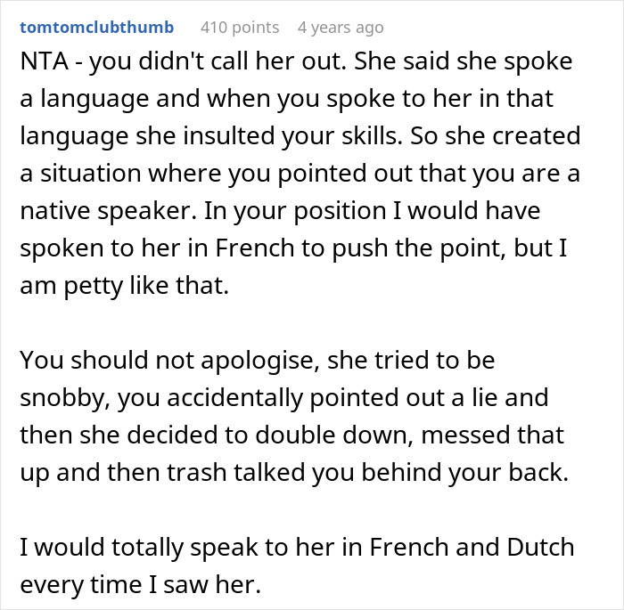 Text conversation discussing a woman embarrassing a new colleague by speaking to her in a language she claimed to know well. Text conversation discussing a woman embarrassing a new colleague by speaking to her in a language she claimed to know well.