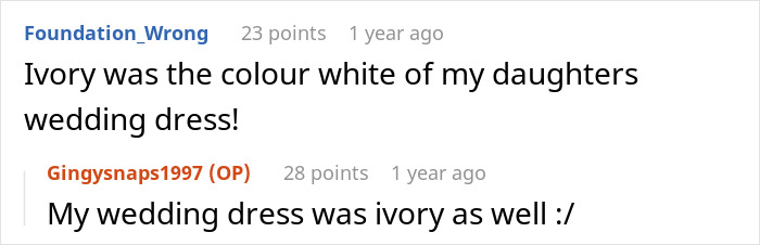 Text conversation about wedding dresses, bride horrified her cousin wore a long white dress approved by her mom. Text conversation about wedding dresses, bride horrified her cousin wore a long white dress approved by her mom.