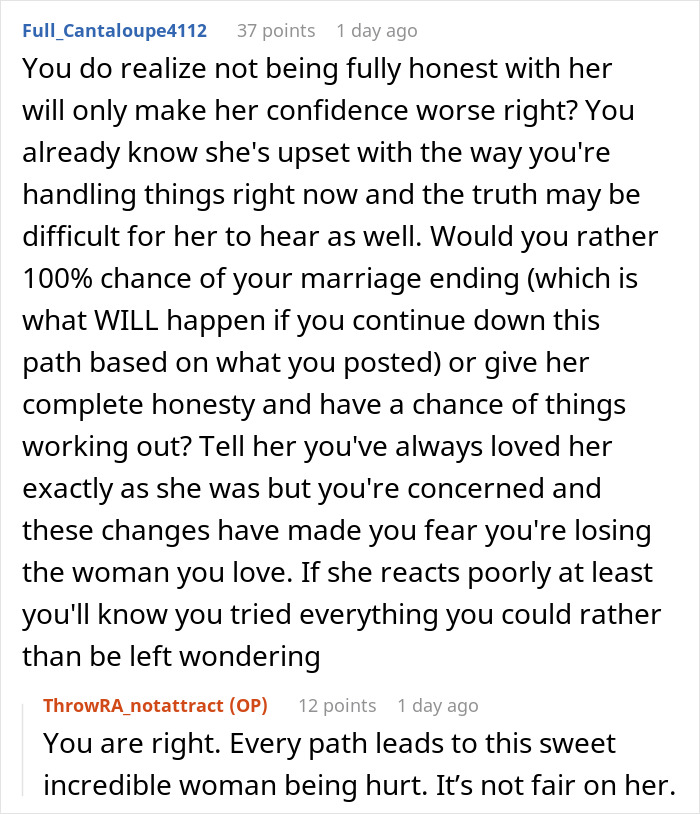 Screenshot of an online forum discussing husband unattracted to plastic surgery wife and concerns about honesty and marriage.