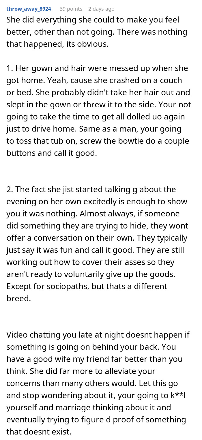 Woman goes to gala with client as date, causing husband to question their relationship and trust. Woman goes to gala with client as date, causing husband to question their relationship and trust.