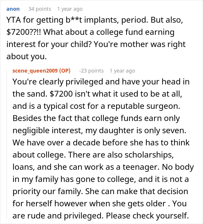 Reddit comment thread discussing a single mom spending thousands on plastic surgery and expecting support. Reddit comment thread discussing a single mom spending thousands on plastic surgery and expecting support.