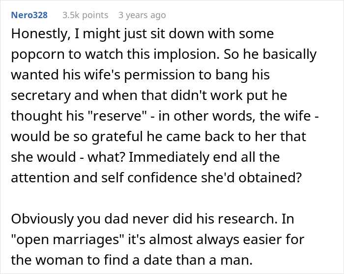 Screenshot of an online comment discussing regrets about forcing a wife into an open marriage and its consequences. Screenshot of an online comment discussing regrets about forcing a wife into an open marriage and its consequences.