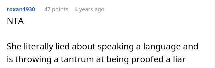 Screenshot of an online comment discussing a woman embarrassing her new colleague by falsely claiming to speak a language well. Screenshot of an online comment discussing a woman embarrassing her new colleague by falsely claiming to speak a language well.