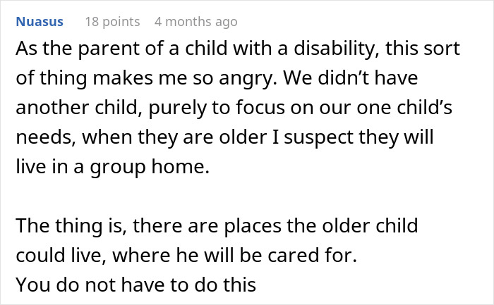 Comment from a parent of a disabled child expressing anger about having another baby to care for their child’s needs. Comment from a parent of a disabled child expressing anger about having another baby to care for their child’s needs.