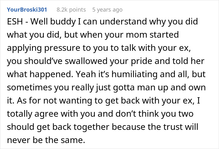 Comment discussing a guy running out the window after his mom's attempt to reconcile him and his ex-fiancé. Comment discussing a guy running out the window after his mom's attempt to reconcile him and his ex-fiancé.