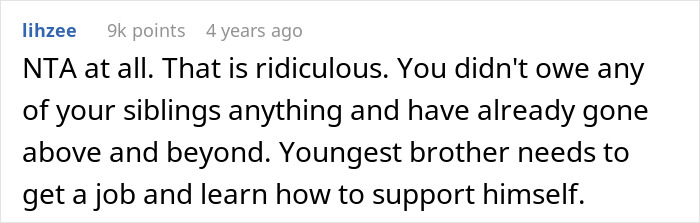 Screenshot of a Reddit comment discussing a 23-year-old demanding allowance from a rich golden child sibling.