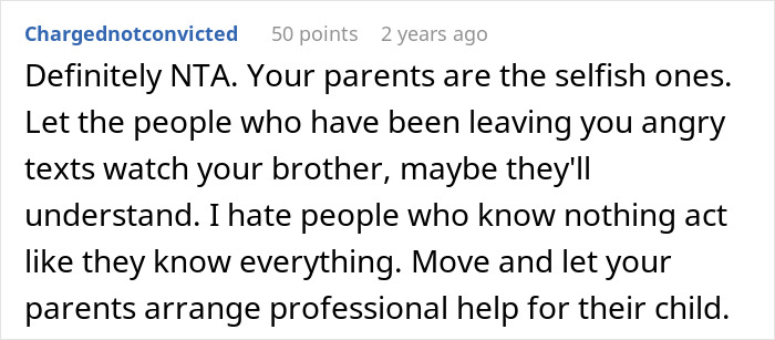 Reddit comment discussing woman setting boundary about disabled brother’s care after drop-off incident. Reddit comment discussing woman setting boundary about disabled brother’s care after drop-off incident.