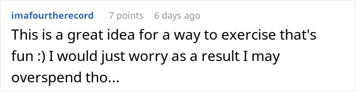 Screenshot of a social media comment sharing thoughts on a fun exercise idea and concerns about overspending.