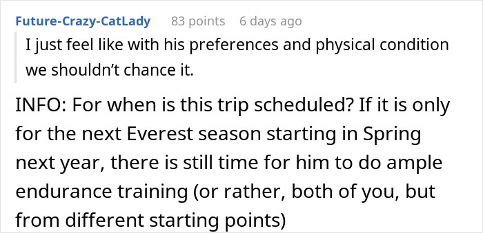 Comment discussing concerns about physical condition and timing of a planned anniversary trip requiring endurance training. Comment discussing concerns about physical condition and timing of a planned anniversary trip requiring endurance training.