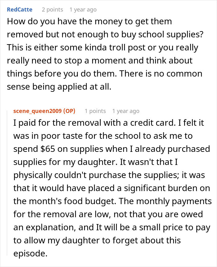 Commenters debate financial struggles of a single mom after spending thousands on plastic surgery and prioritizing school supplies. Commenters debate financial struggles of a single mom after spending thousands on plastic surgery and prioritizing school supplies.