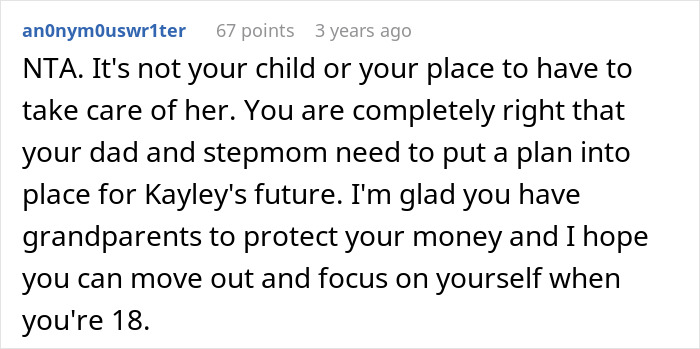 Comment from user explaining refusal of 19-year-old to prepare for caregiver role for disabled stepsister. Comment from user explaining refusal of 19-year-old to prepare for caregiver role for disabled stepsister.