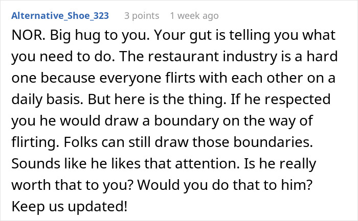 Screenshot of a comment about a man’s work wife sending hearts and mirror selfies causing relationship tension. Screenshot of a comment about a man’s work wife sending hearts and mirror selfies causing relationship tension.