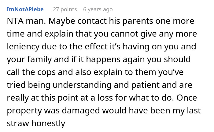 Comment suggesting contacting neighbors about disabled son repeatedly raiding trash before considering calling cops. Comment suggesting contacting neighbors about disabled son repeatedly raiding trash before considering calling cops.