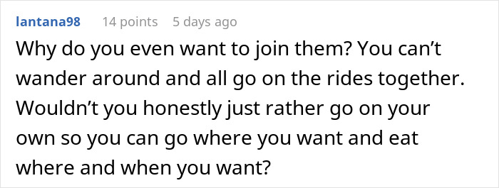 Comment discussing the idea of a family separate drive at Disneyland and the freedom to explore independently. Comment discussing the idea of a family separate drive at Disneyland and the freedom to explore independently.