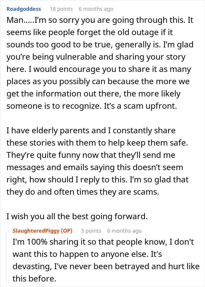 Reddit comments discussing an educated person falling for a scam investment causing immense debt and zero savings.