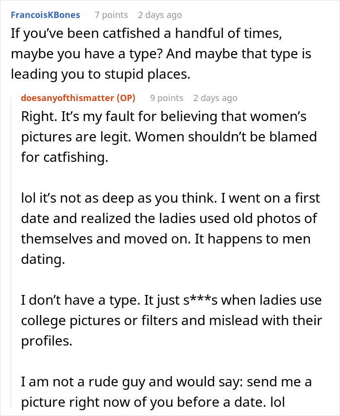 Screenshot of a discussion about gym influencer lies, online dating, and misleading photos causing relationship dealbreakers. Screenshot of a discussion about gym influencer lies, online dating, and misleading photos causing relationship dealbreakers.
