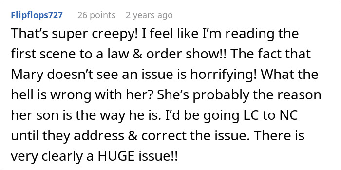 Comment expressing concern about an 11-year-old acting creepy around stepsister who just gave birth, with parents refusing help.