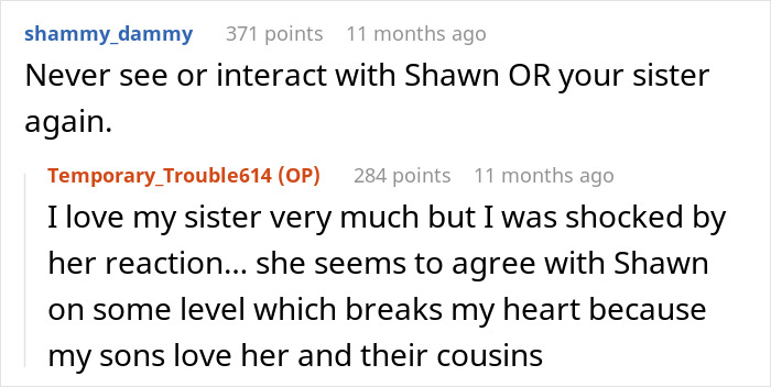 Screenshot of a Reddit conversation about a man banned from Thanksgiving after making his brother-in-law’s wife cry with a theory.