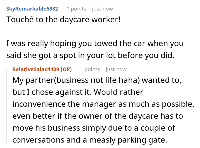 Comments on a post about a greedy daycare manager towing a car and facing chaos in her parking lot. Comments on a post about a greedy daycare manager towing a car and facing chaos in her parking lot.