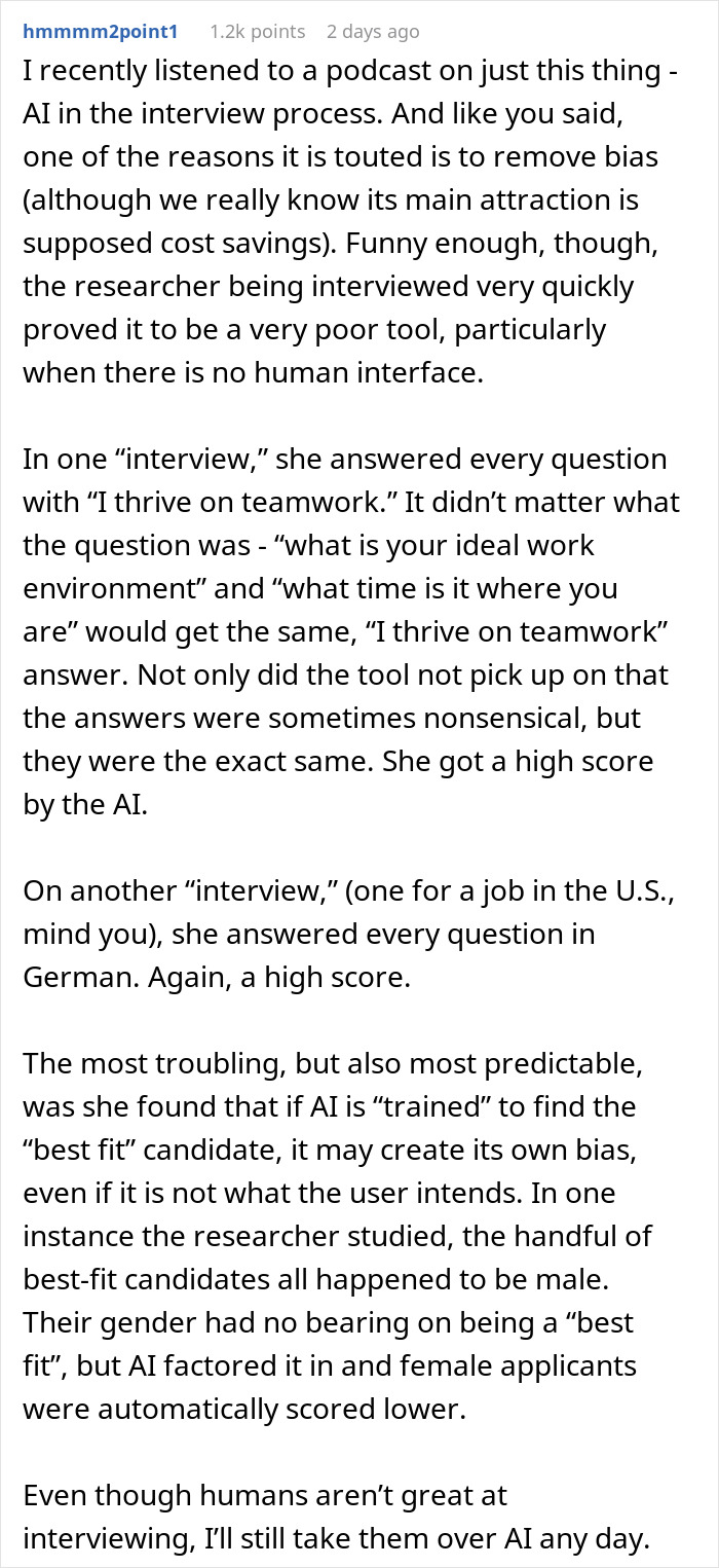 Comment discussing challenges and biases of AI scored job interviews in real time without human oversight or context. Comment discussing challenges and biases of AI scored job interviews in real time without human oversight or context.