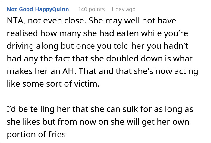 Text from an online forum discussing family drama after a man films his wife secretly to prove she eats his fries.