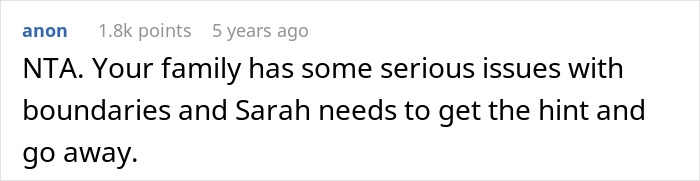 Text conversation screenshot showing a comment about family boundaries and telling Sarah to get the hint and go away. Text conversation screenshot showing a comment about family boundaries and telling Sarah to get the hint and go away.