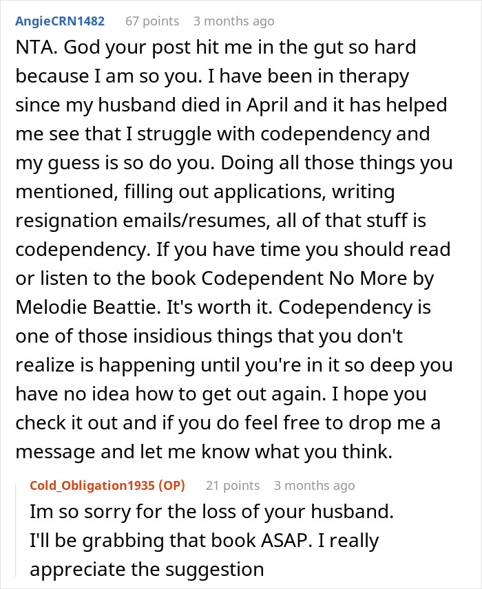 Screenshot of a Reddit conversation about codependency and ending a friendship with a woman who has 5 kids and 4 dads. Screenshot of a Reddit conversation about codependency and ending a friendship with a woman who has 5 kids and 4 dads.