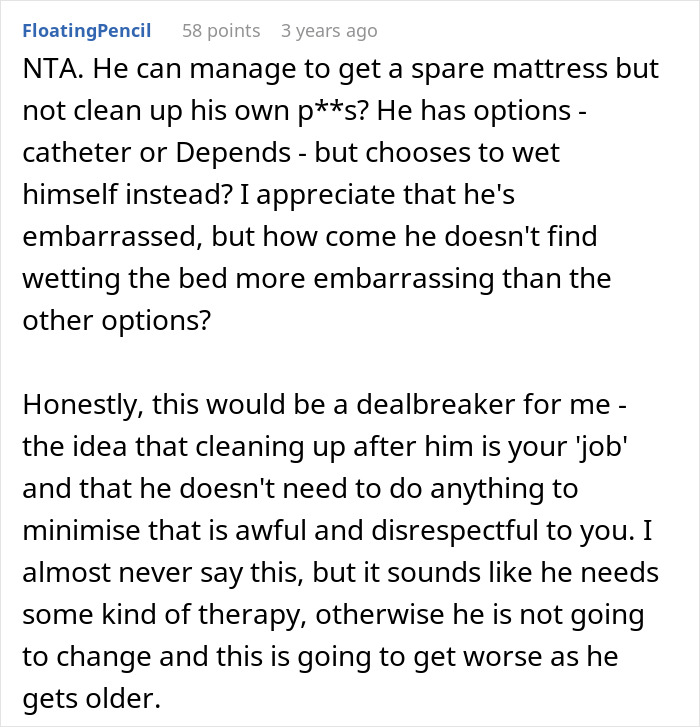 Comment discussing husband refusing to use diapers or catheter, causing wife to clean bed repeatedly and stand up for herself. Comment discussing husband refusing to use diapers or catheter, causing wife to clean bed repeatedly and stand up for herself.