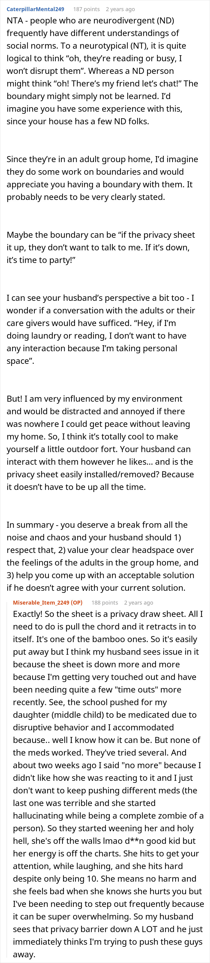 Comment discussing a mom of 3 using a privacy sheet to escape talkative neighbors, with husband calling her rude. Comment discussing a mom of 3 using a privacy sheet to escape talkative neighbors, with husband calling her rude.