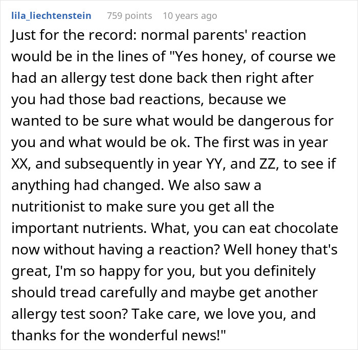 Comment text discussing parents who lied about food allergies, reflecting on reactions and no contact with daughter.