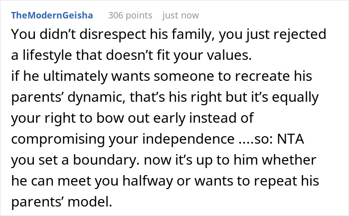 Text post from a user explaining boundaries with a boyfriend’s mother and family expectations about lifestyle choices.