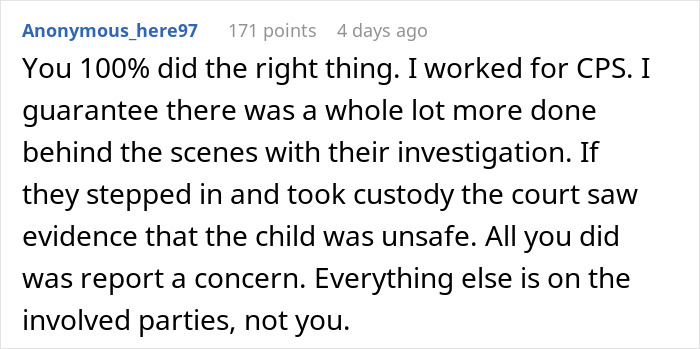 Alt text: Comment supporting reporting to CPS after hearing sister's plan for illegal baby adoption, emphasizing child safety and investigation.