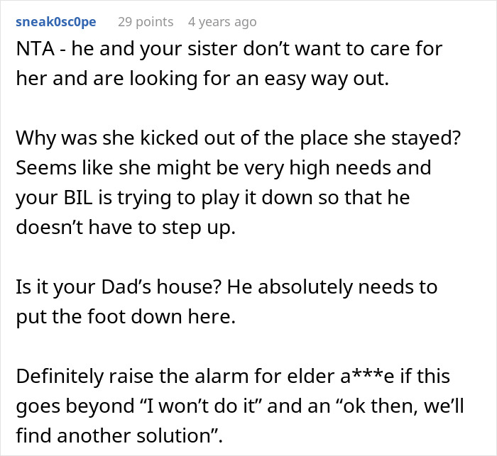 Comment discussing BIL trying to dump grandma on wife’s siblings as sister is called selfish for refusal. Comment discussing BIL trying to dump grandma on wife’s siblings as sister is called selfish for refusal.