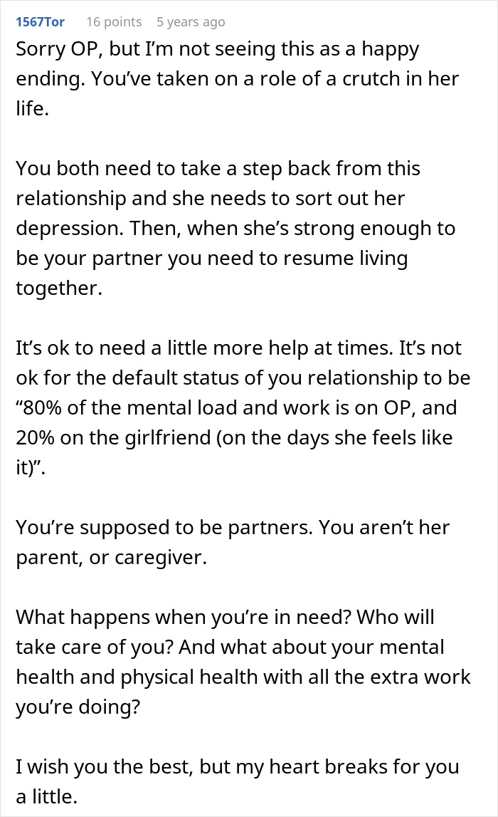 Comment discussing the challenges of depression and relationship dynamics, focusing on mental health and partnership balance. Comment discussing the challenges of depression and relationship dynamics, focusing on mental health and partnership balance.