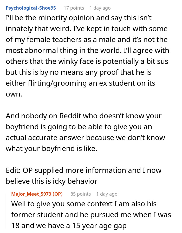 Reddit users debate if 43YO texting former student is appropriate as partner shares screenshots for judgment. Reddit users debate if 43YO texting former student is appropriate as partner shares screenshots for judgment.