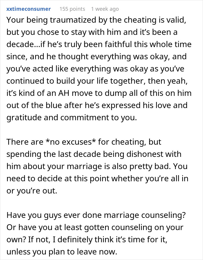 Comment discussing the emotional impact of a husband's affair and the importance of marriage counseling for healing. Comment discussing the emotional impact of a husband's affair and the importance of marriage counseling for healing.