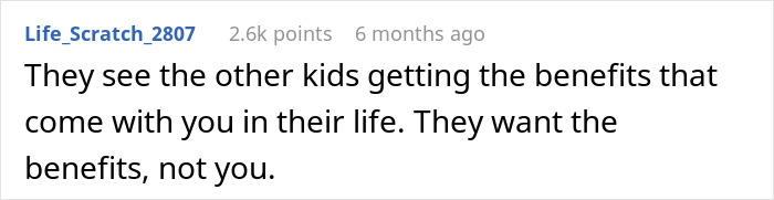 Comment about stepdaughters disowning stepmother drama expressing feelings of wanting benefits, not the person. Comment about stepdaughters disowning stepmother drama expressing feelings of wanting benefits, not the person.