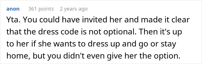Screenshot of an online comment debating excluding a friend from an extravagant ball to protect the event’s aesthetic.